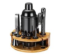 Cocktail Shaker Set with Bamboo Stand, 12 Piece 25oz Shaker Set Bartender Kit with Stainless Steel Bar Accessories, Ideal Gifts for Bartender Cocktail Lovers (Black)