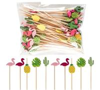 Cocktail Sticks, 100 Counts Bamboo Cocktail Sticks with 5 Assorted Designs, Fruit Skewers Sticks for Cocktail Decorations and Party Food Toothpicks, Perfect for Themed Parties and Home Gatherings