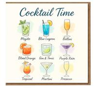 Cocktail Time Drinks Birthday Card - Mojito, Blue Lagoon, Bellini, Blood Orange, Gin & Tonic, Purple Rain, Tropical, Martini, Prosecco Illustration