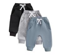 CocMouse Baby Boy Spring Pants 3 Pack Cotton Active Jogger Athletic Trousers Solid Color Pocket Elastic Waist Harem Bottoms (Black Gray Blue, 12-18 Months)