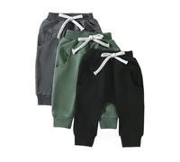 CocMouse Baby Boy Spring Pants 3 Pack Cotton Active Jogger Athletic Trousers Solid Color Pocket Elastic Waist Harem Bottoms (Black Green Dark Gray, 0-6 Months)