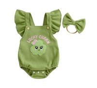 CocMouse Baby Girl St Patricks Day Romper Clover Embroidery Flying Sleeve Jumpsuit and Headband Set Spring Clothes Outfit (Green, 6-12 Months)