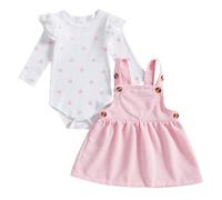CocMouse Baby Girl Valentines Outfit Infant Baby Girl Heart Print Long Sleeve Romper Corduroy Suspender Skirt Set My First Valentine's Day Baby Girl Outfit (Pink Heart, 9-12 Months)