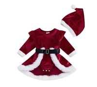 CocMouse Baby Girls Christmas Dress Velvet Romper Dress Fur Trim Long Sleeve Santa Jumpsuit Christmas Hat Xmas Outfits (Style 1-Red, 6-9 Months)