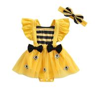 CocMouse Infant Baby Girl Clothes Cute Bee Flying Sleeve Round Neck Striped Tulle Romper Dress with Bow Headband 2Pcs Outfit (Yellow, 0-3 Months)