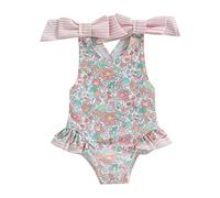 CocMouse Kids Girls One-Piece Swimwear Sleeveless Doughnut/Ice Cream Printed Large Bowknot Ruffled Triangle Bathing Romper (B-Pink, 5-6 Years)