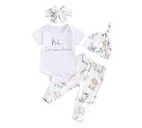 CocMouse Newborn Baby Boy Girl Outfit Hi I'm New Here Short Sleeve Romper Koala Print Pants Headband Hat Coming Home Outfits (White, Newborn)