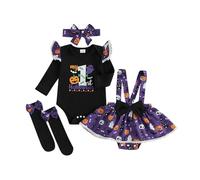 CocMouse Newborn Baby Girl Halloween Outfits Letter Ghost Pumpkin Print Romper Top Suspender Skirts Headband Socks 4Pcs Set (Black, 6-12 Months)