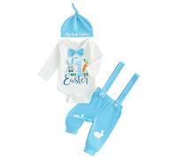 CocMouse Newborn Infant Baby Boy Easter Outfit Long Sleeve Rabbit Print Romper Suspender Pants with Hat 3PCS Outfit Set (White, 6-12 Months)