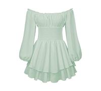 CocMouse Off Shoulder Mini Dress for Women Short/Long Puff Sleeve Square Neck Romper Dress Ruffled A Line Flowy Beach Dress (A-Green Long Sleeve, M)
