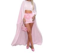CocMouse Sheer High Neck Chiffon Cape Shawl for Womens Fairy Flowy Floor-Length Wrap Shawls for Formal Evening Dress Outfits (Pink, One Size)