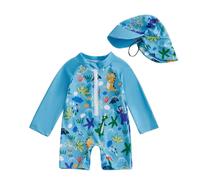 CocMouse Toddler Boy Long Sleeve Swimsuit Shark Print Zip-up Bathing Suit with Sun Hat 2 Pcs Rash Guard Swimwear Set (Sky Blue, 2-3 Years)