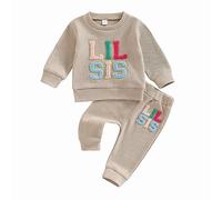 CocMouse Toddler Girls Lil Sis Big Sis Matching Outfit Long Sleeve Fuzzy Letter Embroidery Sweatshirt Elastic Band Pants Sets (2-Apricot, 12-18 Months)