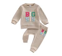 CocMouse Toddler Girls Lil Sis Big Sis Matching Outfit Long Sleeve Fuzzy Letter Embroidery Sweatshirt Elastic Band Pants Sets (1-Apricot, 18-24 Months)