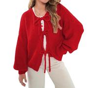 CocMouse Women Bow Tie Front Cardigan Sweater Y2k Chunky Lace up Knit Top Casual Crewneck Vintage Aesthetic Streetwear (Red, L)