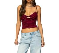 CocMouse Women Cowl Neck Tank Top Layered Bra Y2K Spaghetti Strap Cut Out Tank Top Summer Ruched Going Out Crop Cami Tops (Claret, M)