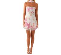 CocMouse Women Cute Floral Tube Strapless Mini Dress with Neck Scarf Sleeveless Backless Mesh Bodycon Beach Formal Sundress (Ivory, S)