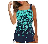 CocMouse Women Plus Size 2Pcs Swimwear Leaf Print Padded Crop Tank Top with Solid Color Drawstring Shorts Tankini Swimsuit (Lake Blue, M)