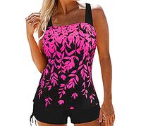 CocMouse Women Plus Size 2Pcs Swimwear Leaf Print Padded Crop Tank Top with Solid Color Drawstring Shorts Tankini Swimsuit (Rose Red, S)