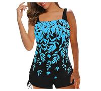 CocMouse Women Plus Size 2Pcs Swimwear Leaf Print Padded Crop Tank Top with Solid Color Drawstring Shorts Tankini Swimsuit (Royal Blue, L)
