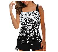 CocMouse Women Plus Size 2Pcs Swimwear Leaf Print Padded Crop Tank Top with Solid Color Drawstring Shorts Tankini Swimsuit (White, XL)