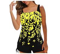 CocMouse Women Plus Size 2Pcs Swimwear Leaf Print Padded Crop Tank Top with Solid Color Drawstring Shorts Tankini Swimsuit (Yellow, L)