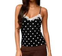 CocMouse Women Polka Dot Cami Top Sexy Lace Trim V Neck Spaghetti Strap Tank Top Fairy Backless Y2k Going Out Camisole (Black, M)