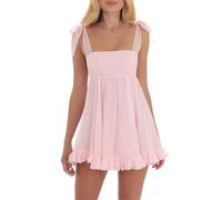 CocMouse Women Ruffle Tank Flowy Mini Dress Y2K Short Cami Boho Dress A-Line Backless Summer Tie Slim Fit Sundress (Pink, M)