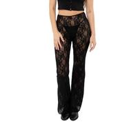 CocMouse Women’s Lace Sheer Mesh Pants Sexy See Through High Waist Flare Bell Trouser Y2K Wide Leg Club Grunge Bottoms (Black, XL)