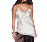 CocMouse Women Satin Lace Camisole Top Spaghetti Strap Sleeveless V Neck Silk Camisole Asymmetrical Tank Tops Streewear (C-White, L)