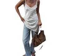 CocMouse Women Satin Lace Camisole Top Spaghetti Strap Sleeveless V Neck Silk Camisole Asymmetrical Tank Tops Streewear (B-Ivory, L)
