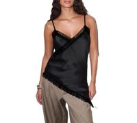 CocMouse Women Satin Lace Camisole Top Spaghetti Strap Sleeveless V Neck Silk Camisole Asymmetrical Tank Tops Streewear (C-Black, M)