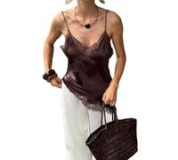 CocMouse Women Satin Lace Camisole Top Spaghetti Strap Sleeveless V Neck Silk Camisole Asymmetrical Tank Tops Streewear (Brown, L)