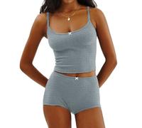 CocMouse Women Sexy 2 Piece Shorts Set Spaghetti Strap Sleeveless V Neck Cami Top with Shorts Pajamas Sets Y2K Lace Trim Lounge Sleepwear PJ Set (Gray Blue, M)