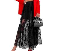 CocMouse Women Sexy Lace Sheer Maxi Skirt Elastic Waist A-line See Through Y2k Long Skirts Summer Elegant Beach Party Skirts (Black, S)