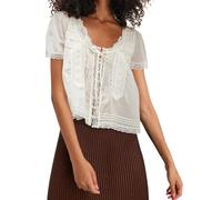 CocMouse Women Tie Front Lace Trim Crop Top Short Sleeve Button Down Ruffle Hem Y2K Going Out Tops Cute Summer Cami Shirt (White, L)