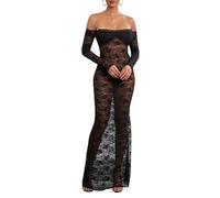 CocMouse Women Vintage Y2k Lace Maxi Dress Long Sleeve Off Shoulder See Through Mesh Bodycon Dress Sheer Club Long Dress (Black, S)