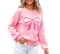 CocMouse Women Y2K Fall Sweater Cute Bow Print Long Sleeve Cable Knit Pullover Casual Oversized Jumpers Aesthetic Clothes (Pink, S)