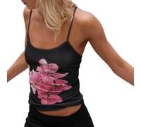 CocMouse Women Y2k Floral Print Cami Tank Top Slim Fit Spaghetti Strap Going Out Tops Scoop Neck Vintage Grunge Cami Top (Black, S)