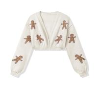 CocMouse Women's Christmas Cropped Cardigan Long Sleeve Open Front Gingerbread Man Embroidered Knit Sweater Top Xmas Outwear (Milky White, XL)