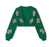 CocMouse Women's Christmas Cropped Cardigan Long Sleeve Open Front Gingerbread Man Embroidered Knit Sweater Top Xmas Outwear (Green, S)