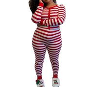 CocMouse Women's Christmas Pajama Jumpsuit Button Down Striped Crew Neck Long Sleeve Bodysuit Romper One Piece Sleepwear (Red&white, XL)