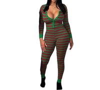 CocMouse Women's Christmas Pajama Jumpsuit Button Down Striped Crew Neck Long Sleeve Bodysuit Romper One Piece Sleepwear (Red&green, S)