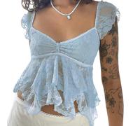 CocMouse Women's Crop Cami Tops Flying Sleeve V Neck Lace Double Layered Lotus Edge Babydoll Top Y2k Going Out Mini Top
