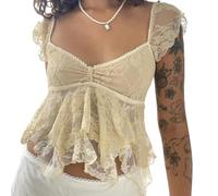 CocMouse Women's Crop Cami Tops Flying Sleeve V Neck Lace Double Layered Lotus Edge Babydoll Top Y2k Going Out Mini Top (Yellow, L)