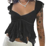 CocMouse Women's Crop Cami Tops Flying Sleeve V Neck Lace Double Layered Lotus Edge Babydoll Top Y2k Going Out Mini Top