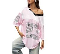 CocMouse Womens Graphic Tees Y2k Oversized Number Graphic V Neck Summer Top Short Sleeve Jersey T-Shirt Streetwear (Pink, L)