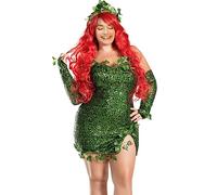 CocMouse Women's Halloween Toxic Villain Costume Green Ivy Cosplay Sleeveless Fake Leaves Sequin Fairy Dress with Gloves Set (C-Green, XXL)