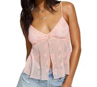 CocMouse Women's Spaghetti Strap Deep V Neck Crop Cami Tops Floral Embroidery Aesthetic Front Split Bandeau Tops Streetwear (Pink, M)