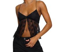 CocMouse Women's Spaghetti Strap Deep V Neck Crop Cami Tops Floral Embroidery Aesthetic Front Split Bandeau Tops Streetwear (Black, XS)